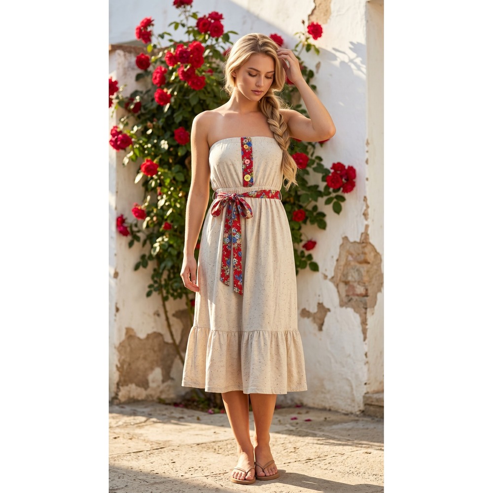 Strapless Floral Sash Speckled Knit Casual Sun Dress Midi Boho Summer Size Large